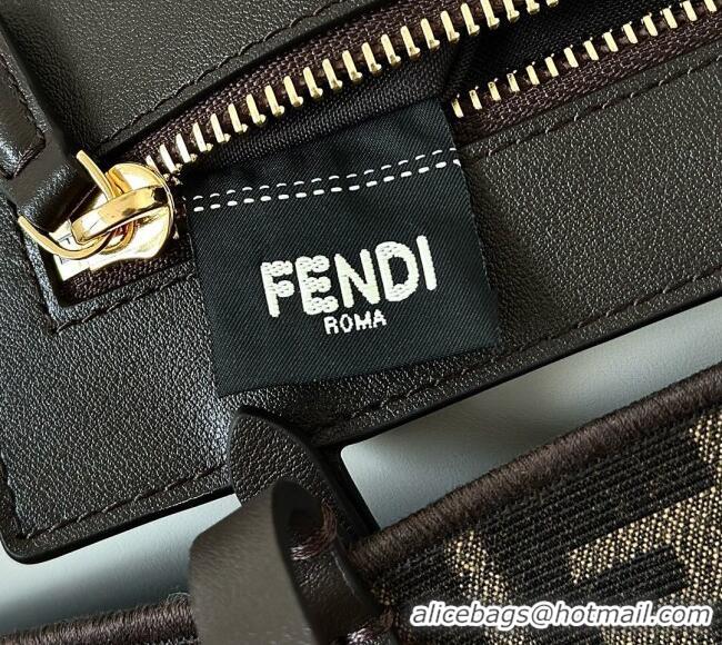 Market Sells Fendi Large Roll Reversible shopper Tote Bag in Tobacco brown FF jacquard and striped Pequin fabric 8661L 2