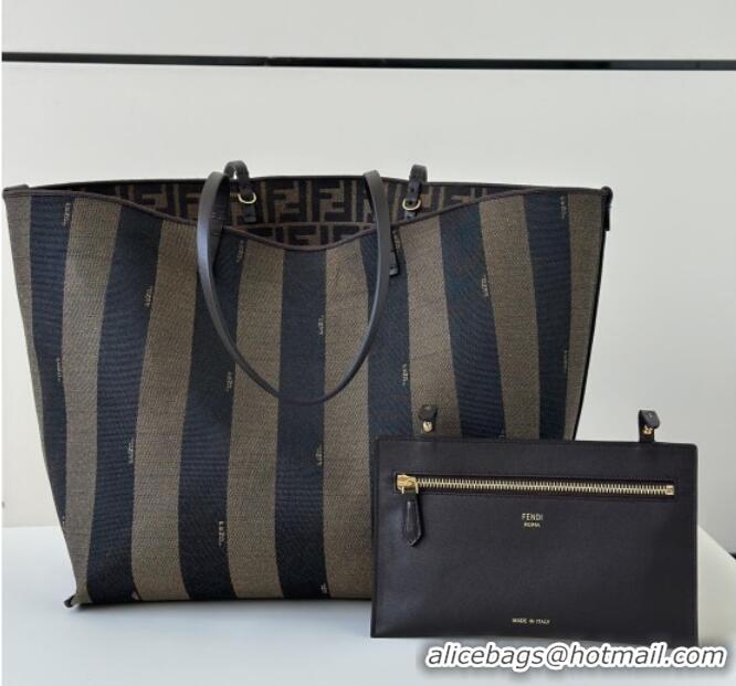 Market Sells Fendi Large Roll Reversible shopper Tote Bag in Tobacco brown FF jacquard and striped Pequin fabric 8661L 2