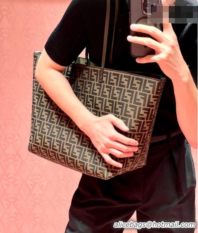 Market Sells Fendi Large Roll Reversible shopper Tote Bag in Tobacco brown FF jacquard and striped Pequin fabric 8661L 2