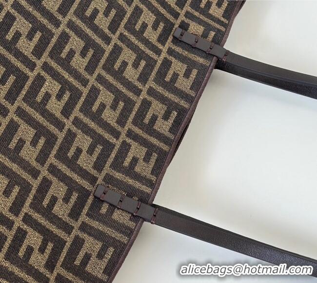 Market Sells Fendi Large Roll Reversible shopper Tote Bag in Tobacco brown FF jacquard and striped Pequin fabric 8661L 2