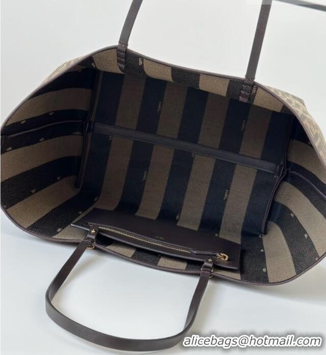 Market Sells Fendi Large Roll Reversible shopper Tote Bag in Tobacco brown FF jacquard and striped Pequin fabric 8661L 2