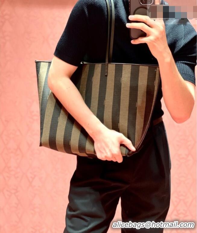 Market Sells Fendi Large Roll Reversible shopper Tote Bag in Tobacco brown FF jacquard and striped Pequin fabric 8661L 2