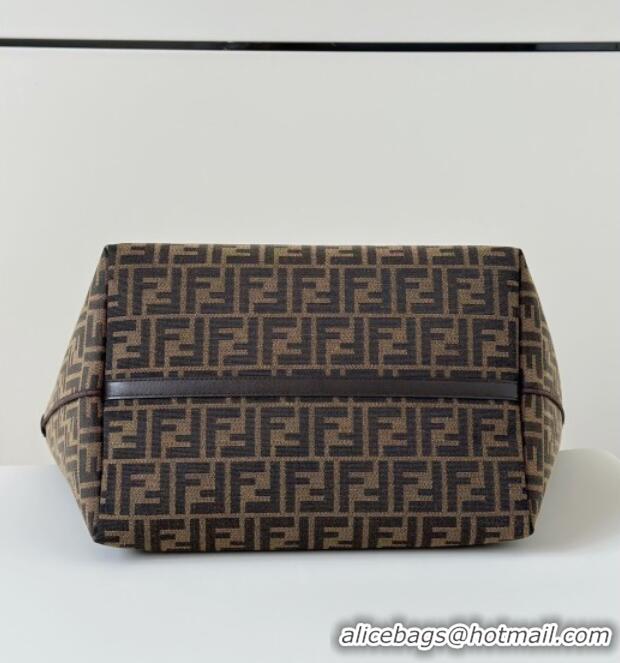 Market Sells Fendi Large Roll Reversible shopper Tote Bag in Tobacco brown FF jacquard and striped Pequin fabric 8661L 2