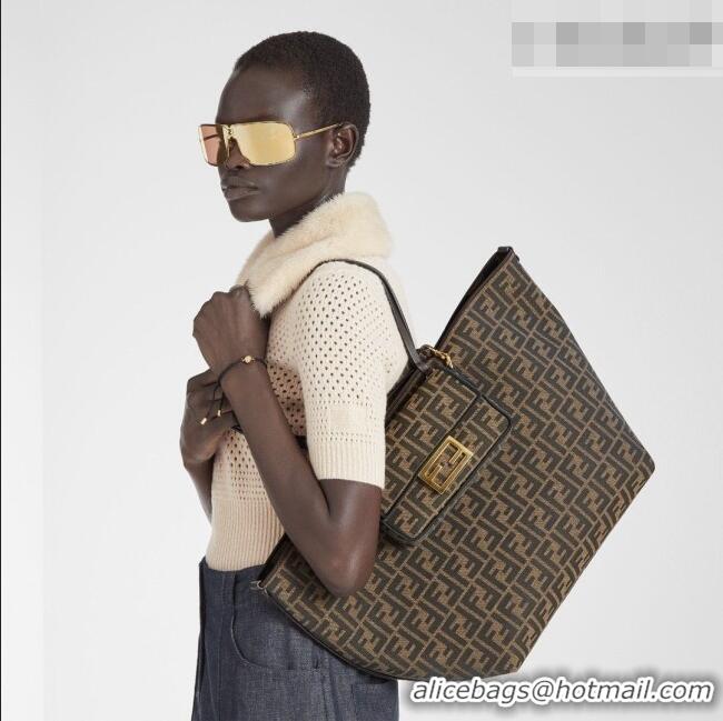 Market Sells Fendi Large Roll Reversible shopper Tote Bag in Tobacco brown FF jacquard and striped Pequin fabric 8661L 2