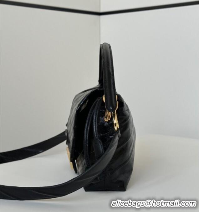 Shop Fashion Fendi Mamma Baguette Medium Bag in Chevron Leather 8677M Black 2026