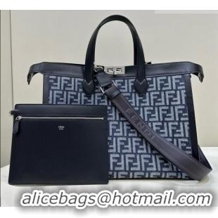 Luxury Discount Fendi Large Peekaboo Tote Bag in Denim-effect FF Jacquard Bag 6805 Blue 2026