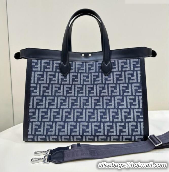 Luxury Discount Fendi Large Peekaboo Tote Bag in Denim-effect FF Jacquard Bag 6805 Blue 2026