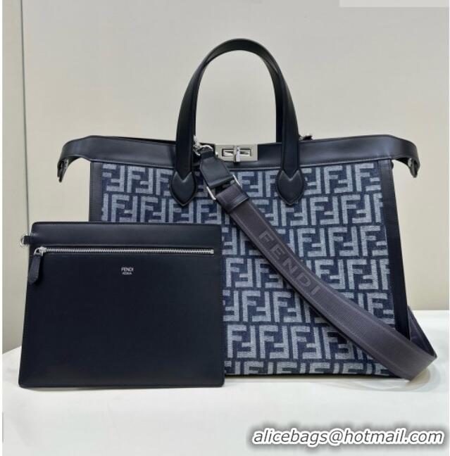Luxury Discount Fendi Large Peekaboo Tote Bag in Denim-effect FF Jacquard Bag 6805 Blue 2026
