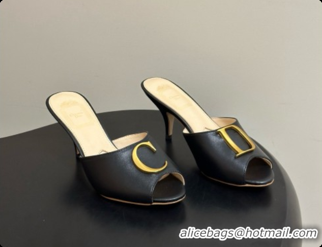 New Style Dior Initials Heeled Slide in Black Leather 7.5cm Heel D091152 Black 2026