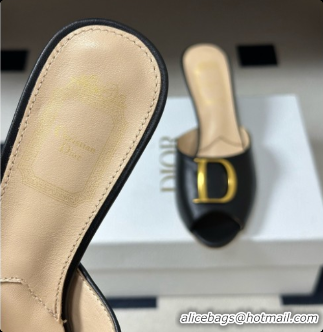 New Style Dior Initials Heeled Slide in Black Leather 7.5cm Heel D091152 Black 2026