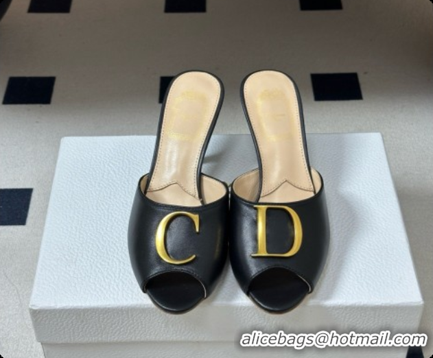 New Style Dior Initials Heeled Slide in Black Leather 7.5cm Heel D091152 Black 2026