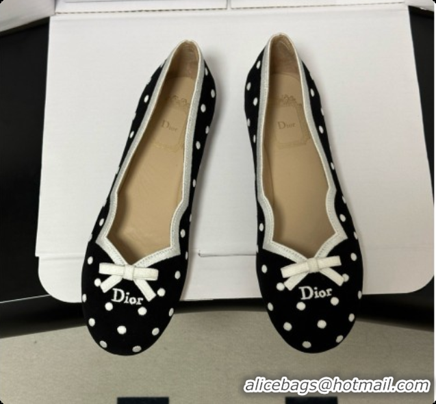 Luxury Dior Romance Ballet Flat in Black Cotton Embroidered with White PolkaDior Motif 6091157 2026