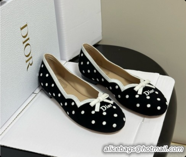 Luxury Dior Romance Ballet Flat in Black Cotton Embroidered with White PolkaDior Motif 6091157 2026