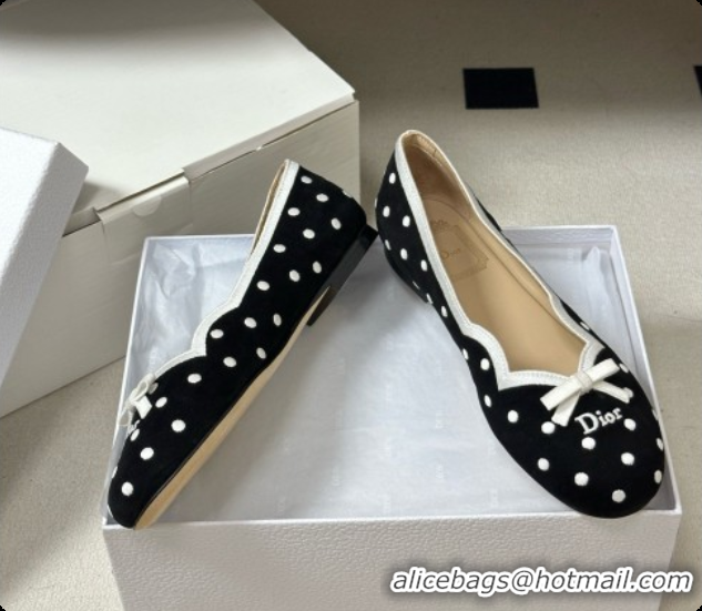 Luxury Dior Romance Ballet Flat in Black Cotton Embroidered with White PolkaDior Motif 6091157 2026