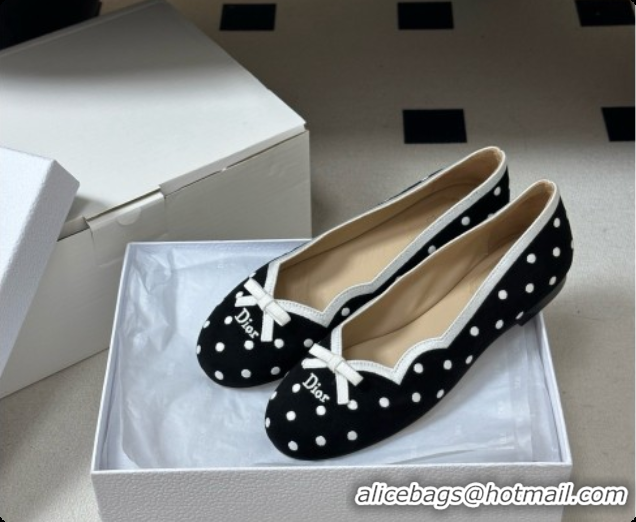 Luxury Dior Romance Ballet Flat in Black Cotton Embroidered with White PolkaDior Motif 6091157 2026