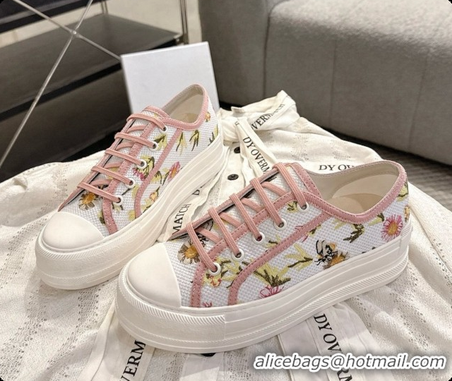 Top Quality Dior Walk'n'Dior Platform Sneaker in White Cotton Embroidered with Multicolor Daisy Garden Motif 6091173 202