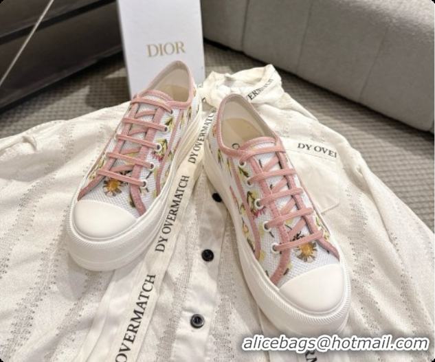 Top Quality Dior Walk'n'Dior Platform Sneaker in White Cotton Embroidered with Multicolor Daisy Garden Motif 6091173 202