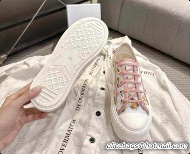 Top Quality Dior Walk'n'Dior Platform Sneaker in White Cotton Embroidered with Multicolor Daisy Garden Motif 6091173 202