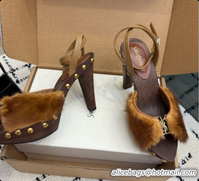 Luxury Saint Laurent Mink Fur Sandals S091508 Brown 2026