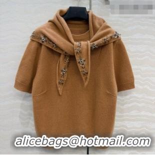 Trendy Design Prada Cashmere Short-sleeved Sweater with Triangle Scarf P090707 Brown 2026