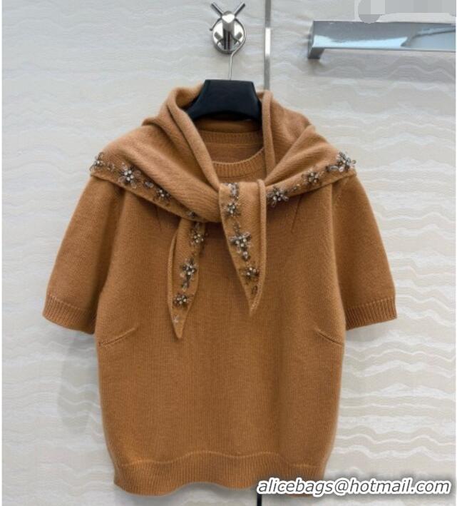 Trendy Design Prada Cashmere Short-sleeved Sweater with Triangle Scarf P090707 Brown 2026