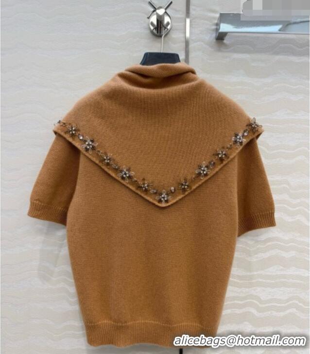 Trendy Design Prada Cashmere Short-sleeved Sweater with Triangle Scarf P090707 Brown 2026