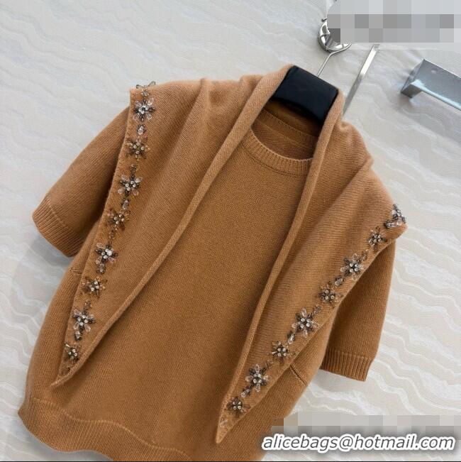 Trendy Design Prada Cashmere Short-sleeved Sweater with Triangle Scarf P090707 Brown 2026