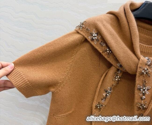Trendy Design Prada Cashmere Short-sleeved Sweater with Triangle Scarf P090707 Brown 2026