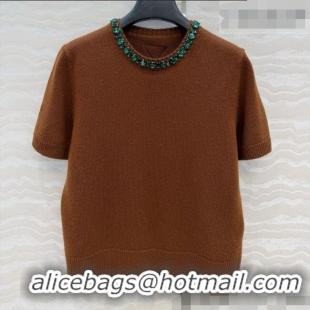 Luxury Cheap Prada Cashmere Short-sleeved Sweater with Crystals P090709 Brown 2026