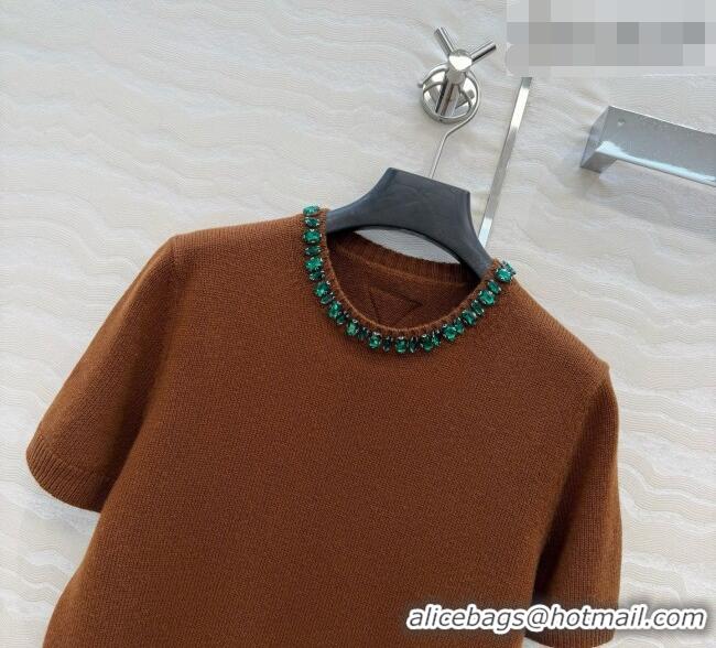 Luxury Cheap Prada Cashmere Short-sleeved Sweater with Crystals P090709 Brown 2026