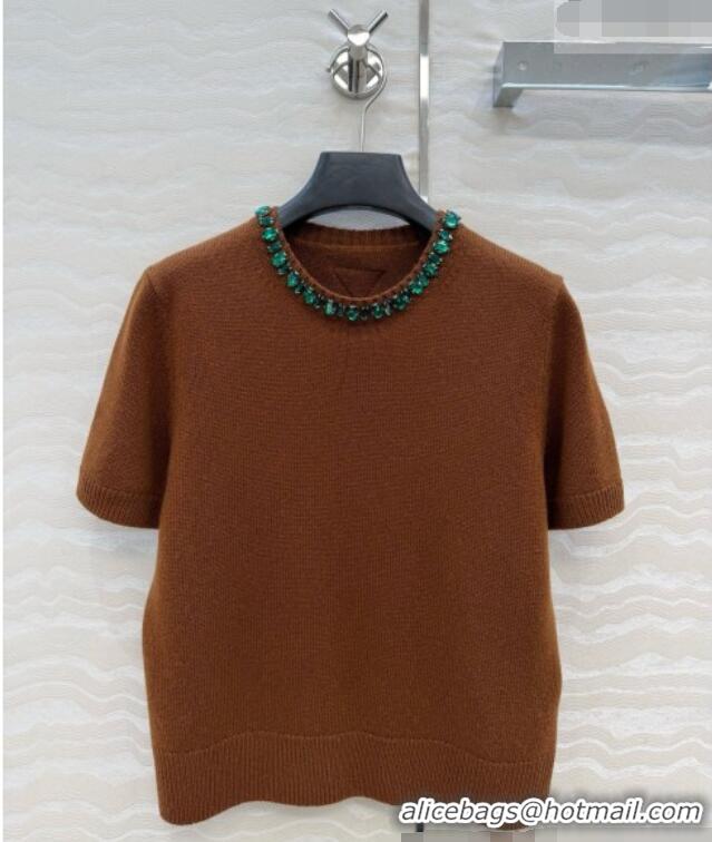 Luxury Cheap Prada Cashmere Short-sleeved Sweater with Crystals P090709 Brown 2026