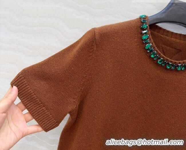 Luxury Cheap Prada Cashmere Short-sleeved Sweater with Crystals P090709 Brown 2026