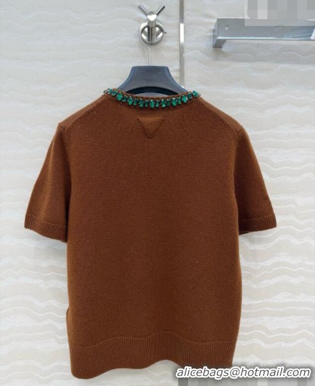 Luxury Cheap Prada Cashmere Short-sleeved Sweater with Crystals P090709 Brown 2026