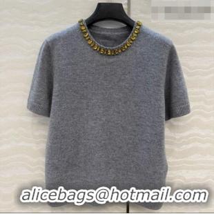 Top Quality Prada Cashmere Short-sleeved Sweater with Crystals P090710 Grey 2026