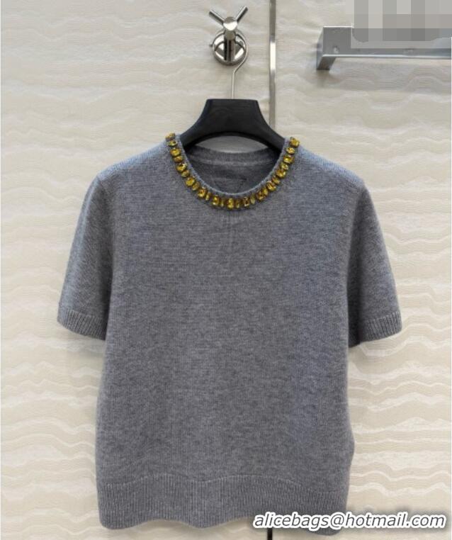 Top Quality Prada Cashmere Short-sleeved Sweater with Crystals P090710 Grey 2026