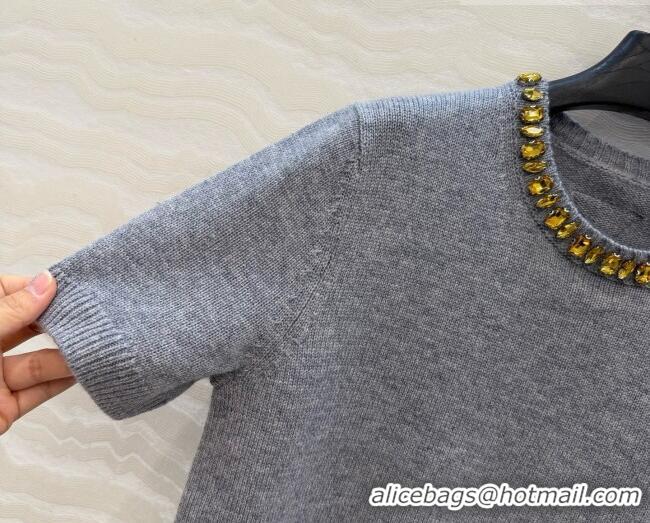 Top Quality Prada Cashmere Short-sleeved Sweater with Crystals P090710 Grey 2026