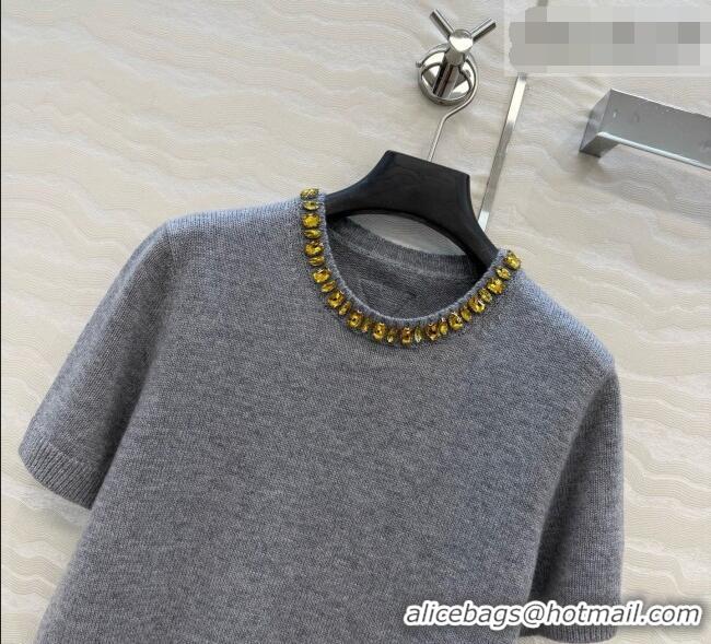 Top Quality Prada Cashmere Short-sleeved Sweater with Crystals P090710 Grey 2026