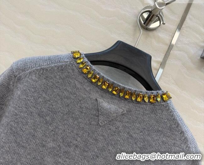 Top Quality Prada Cashmere Short-sleeved Sweater with Crystals P090710 Grey 2026