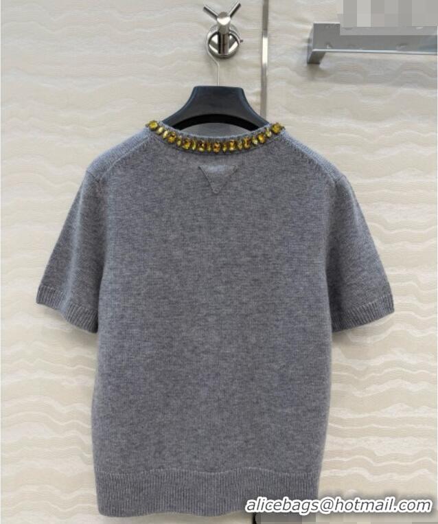 Top Quality Prada Cashmere Short-sleeved Sweater with Crystals P090710 Grey 2026