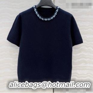 Best Discount Prada Cashmere Short-sleeved Sweater with Crystals P090711 Deep Blue 2026