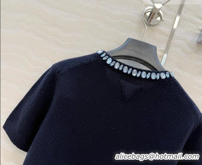 Best Discount Prada Cashmere Short-sleeved Sweater with Crystals P090711 Deep Blue 2026