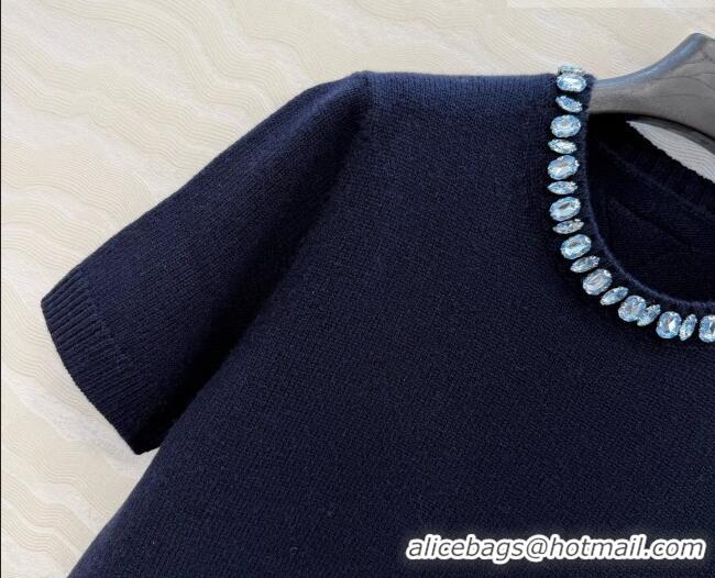 Best Discount Prada Cashmere Short-sleeved Sweater with Crystals P090711 Deep Blue 2026