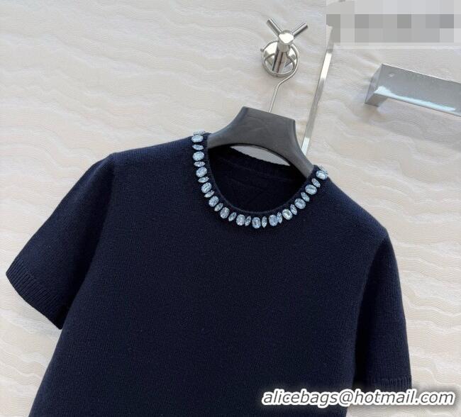 Best Discount Prada Cashmere Short-sleeved Sweater with Crystals P090711 Deep Blue 2026