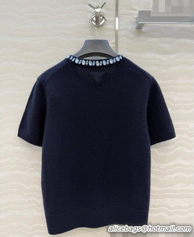 Best Discount Prada Cashmere Short-sleeved Sweater with Crystals P090711 Deep Blue 2026