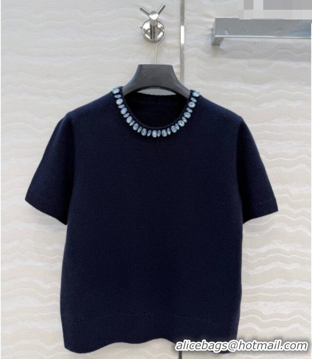 Best Discount Prada Cashmere Short-sleeved Sweater with Crystals P090711 Deep Blue 2026