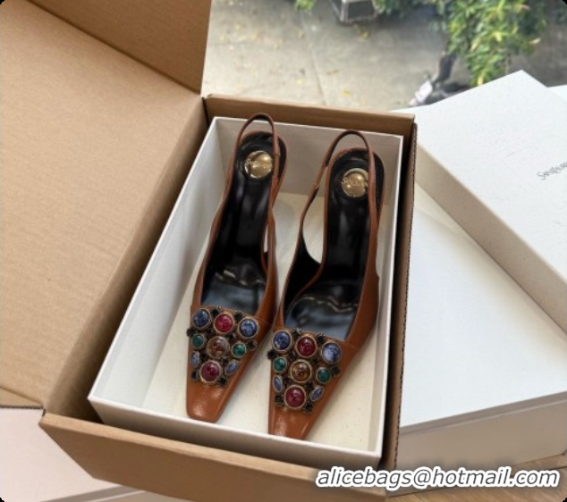 Best Price Saint Laurent ICELAND Slingback Pumps in Smooth leather and Crystals Brown 6091512 2026