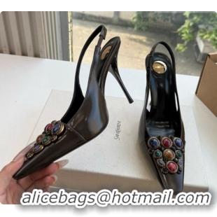 Good Quality Saint Laurent ICELAND Slingback Pumps in Smooth leather and Crystals Dark Brown 6091513 2026