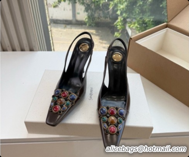 Good Quality Saint Laurent ICELAND Slingback Pumps in Smooth leather and Crystals Dark Brown 6091513 2026