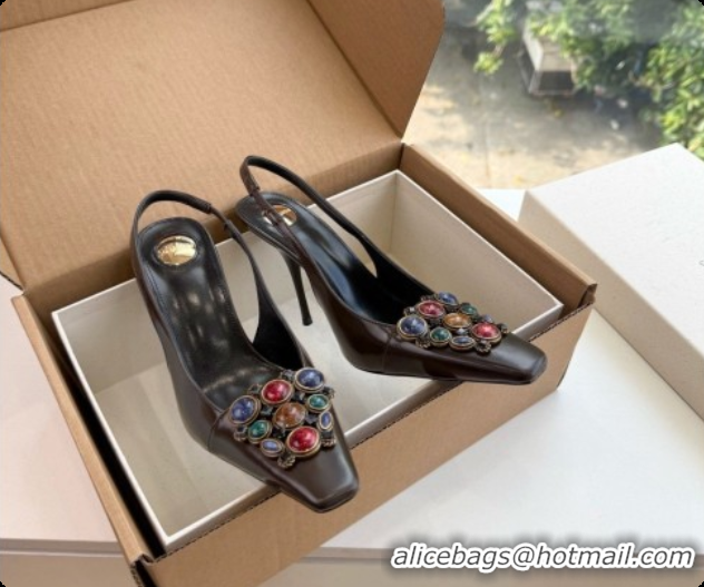 Good Quality Saint Laurent ICELAND Slingback Pumps in Smooth leather and Crystals Dark Brown 6091513 2026