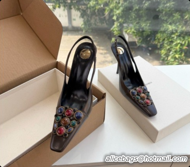 Good Quality Saint Laurent ICELAND Slingback Pumps in Smooth leather and Crystals Dark Brown 6091513 2026